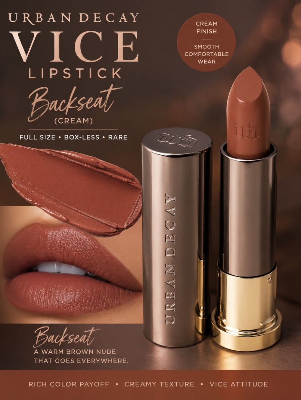 URBAN DECAY VICE LIPSTICK FULL SIZE BOX-LESS RARE BACKSEAT (cream)